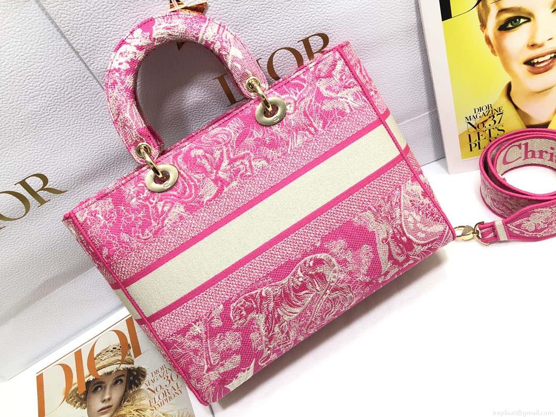Dior M0566 Large Lady D-Lite Rose red de Jouy Embroidery M1054