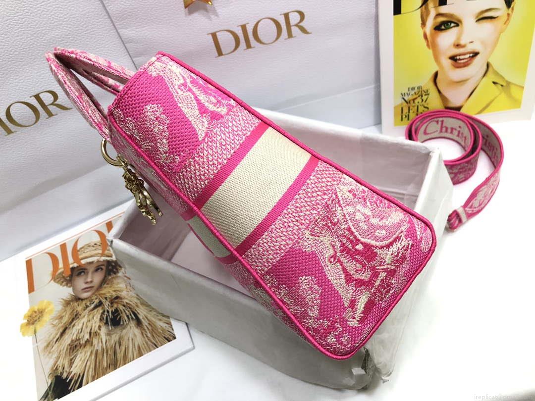 Dior M0566 Large Lady D-Lite Rose red de Jouy Embroidery M1054