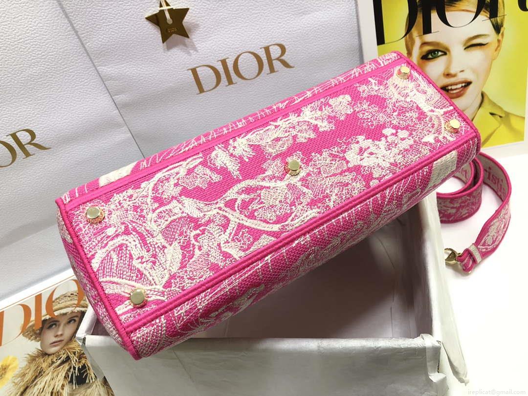 Dior M0566 Large Lady D-Lite Rose red de Jouy Embroidery M1054