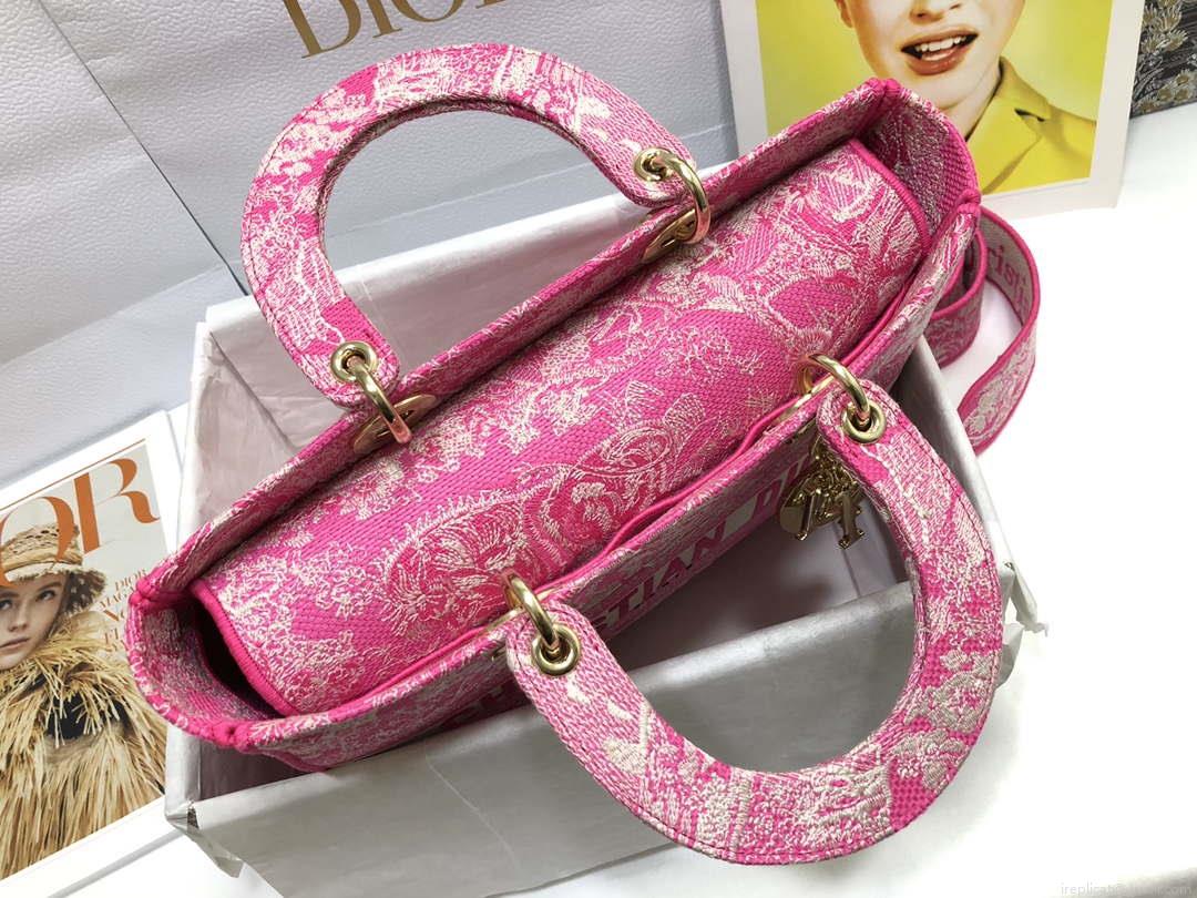 Dior M0566 Large Lady D-Lite Rose red de Jouy Embroidery M1054