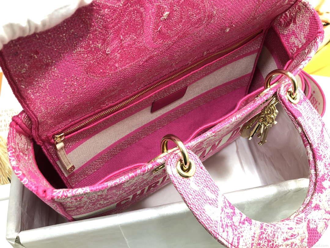 Dior M0566 Large Lady D-Lite Rose red de Jouy Embroidery M1054