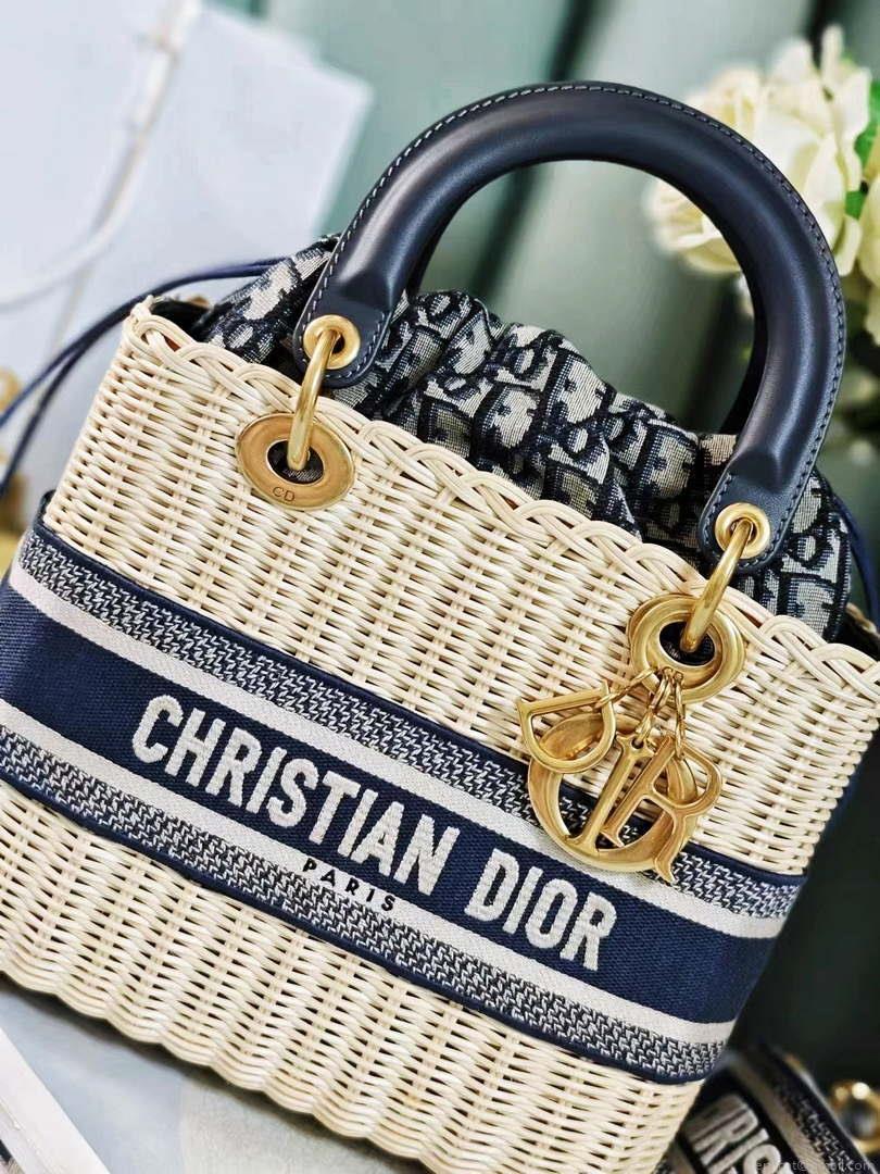 Dior M0565 Medium Lady Dior Bag Natural Wicker Navy Blue Dior Oblique Jacquard