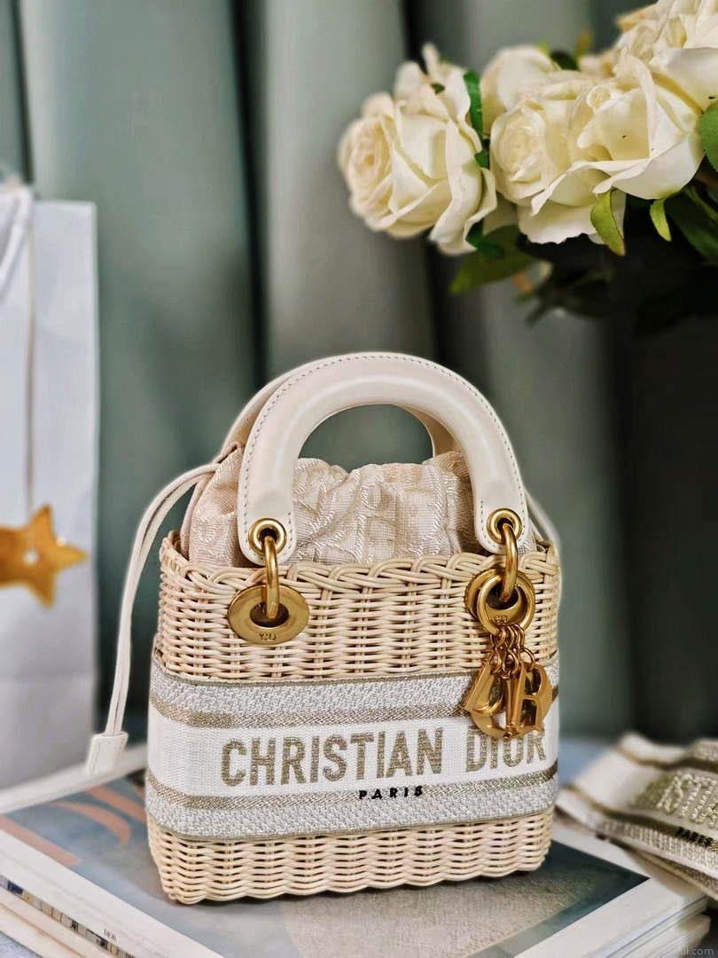 Dior M0505 MINI Lady Dior Bag Natural Wicker Grey Dior Oblique Jacquard
