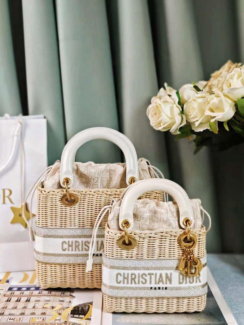 Dior M0505 MINI Lady Dior Bag Natural Wicker Grey Dior Oblique Jacquard
