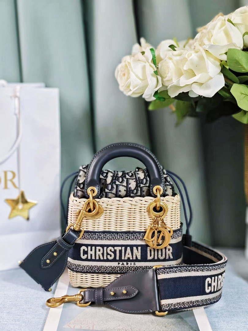 Dior M0505 MINI Lady Dior Bag Natural Wicker Blue Dior Oblique Jacquard
