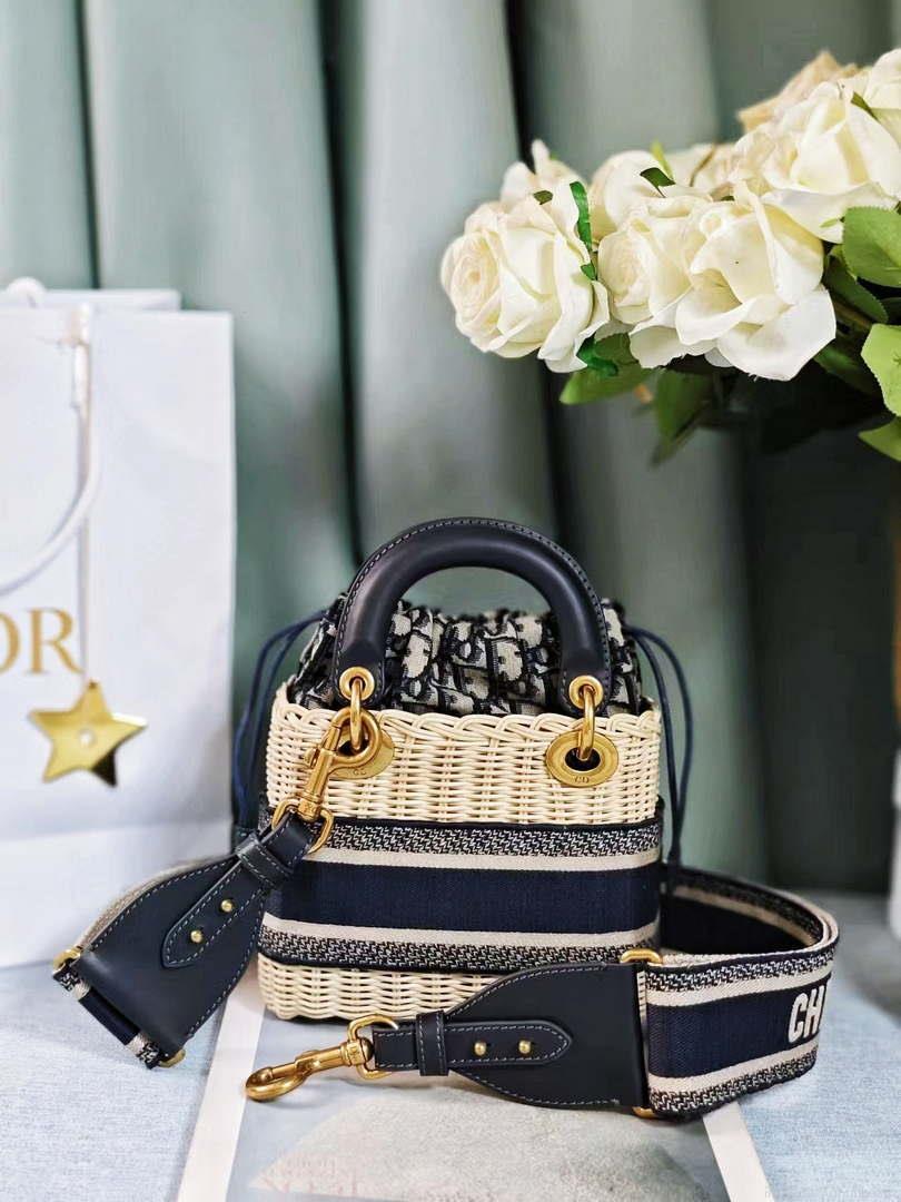 Dior M0505 MINI Lady Dior Bag Natural Wicker Blue Dior Oblique Jacquard