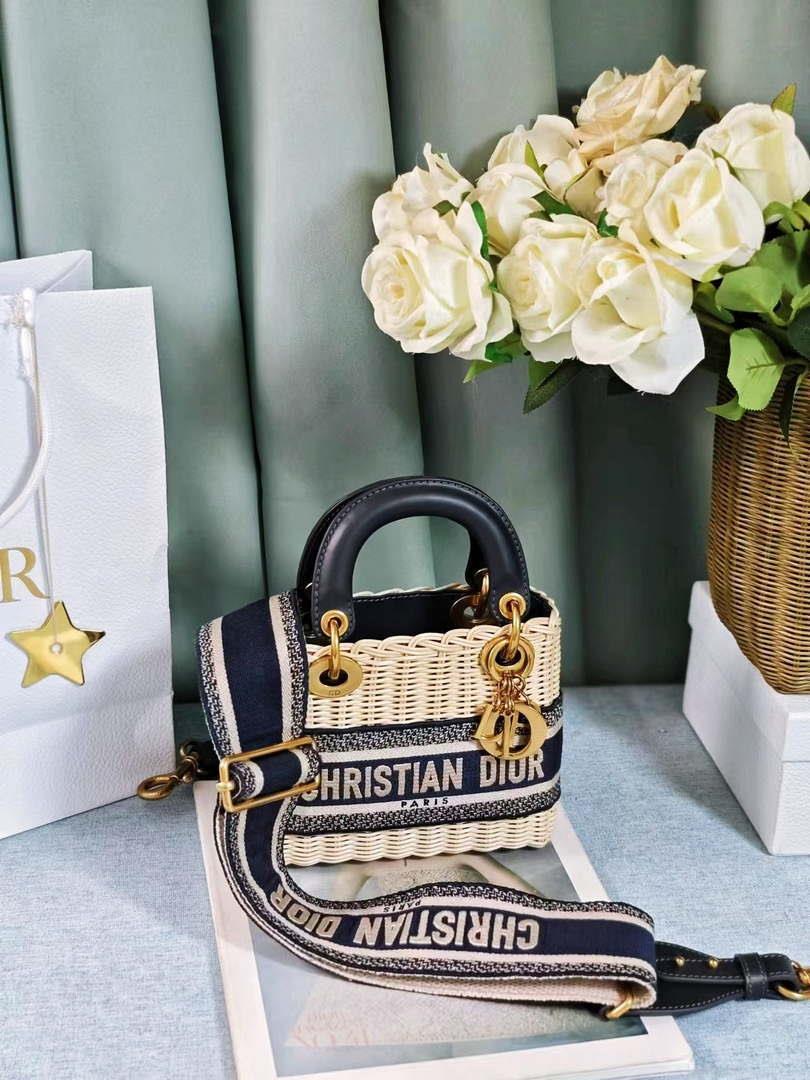 Dior M0505 MINI Lady Dior Bag Natural Wicker Blue Dior Oblique Jacquard