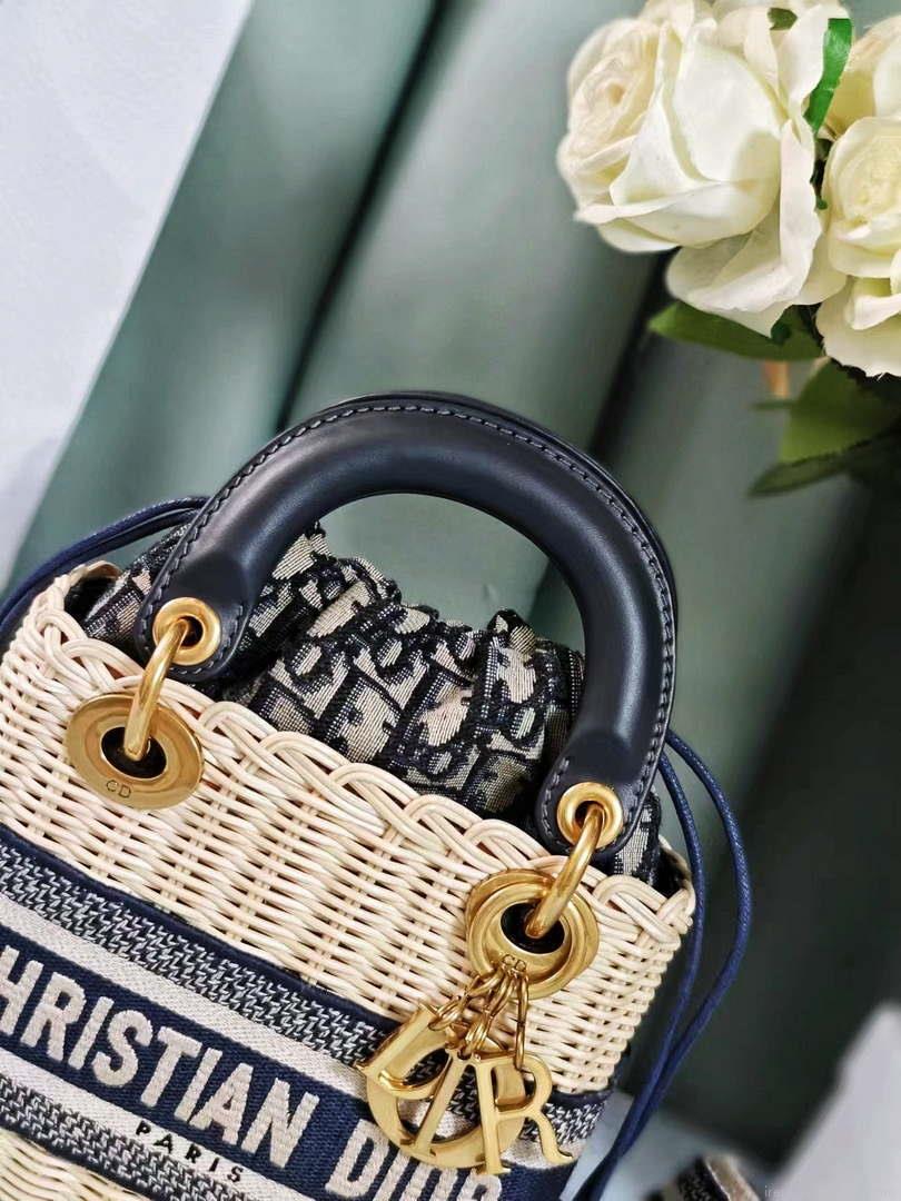Dior M0505 MINI Lady Dior Bag Natural Wicker Blue Dior Oblique Jacquard