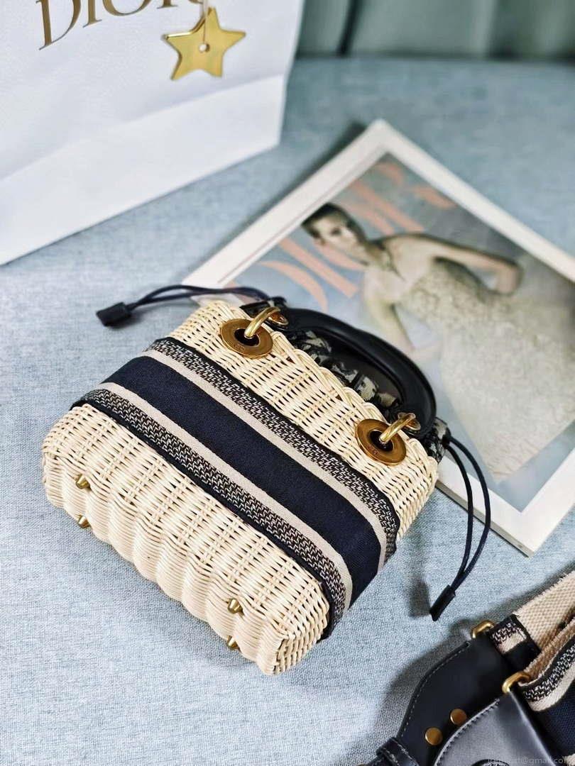 Dior M0505 MINI Lady Dior Bag Natural Wicker Blue Dior Oblique Jacquard