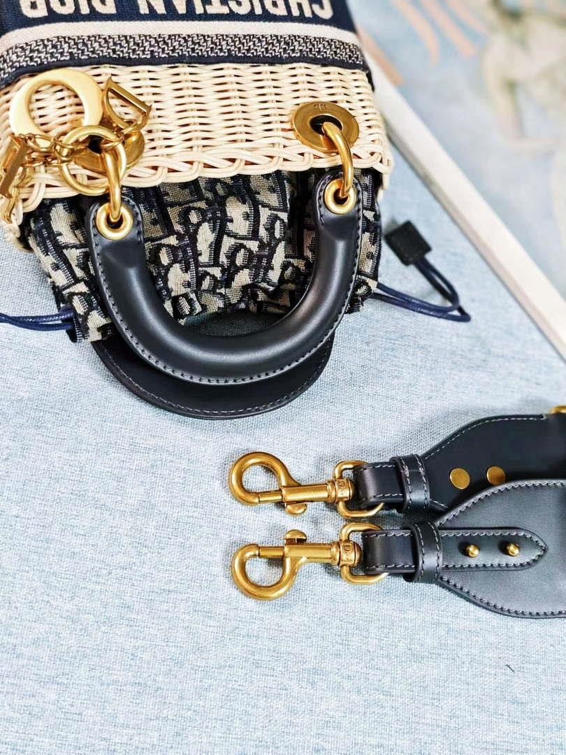 Dior M0505 MINI Lady Dior Bag Natural Wicker Blue Dior Oblique Jacquard