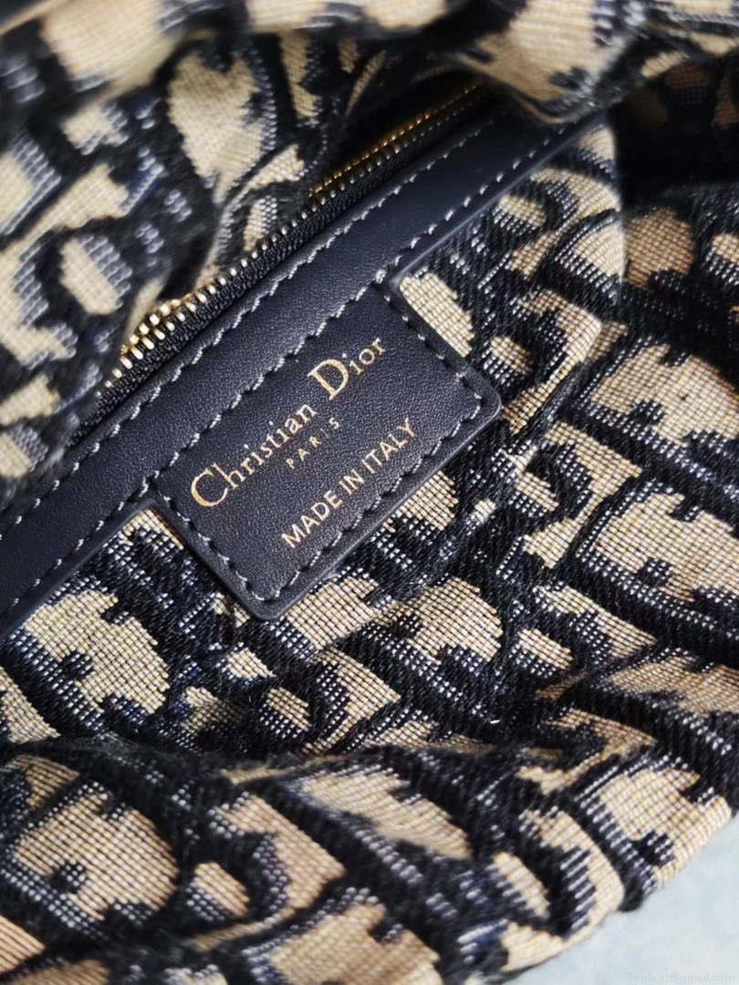 Dior M0505 MINI Lady Dior Bag Natural Wicker Blue Dior Oblique Jacquard