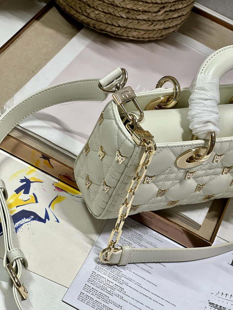 Dior M0613 Small Lady D-joy Bag White Cannage Lambskin with Gold-Finish Butterfly Studs