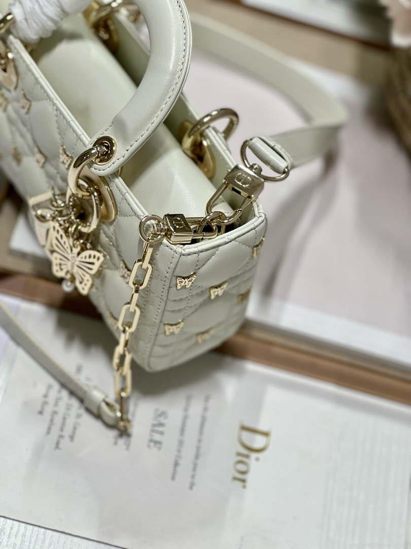 Dior M0613 Small Lady D-joy Bag White Cannage Lambskin with Gold-Finish Butterfly Studs