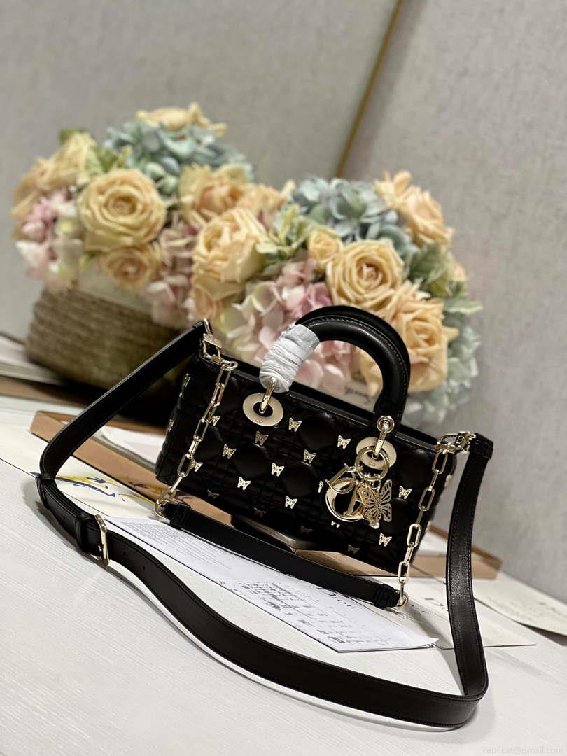 Dior M0613 Small Lady D-joy Bag Black Cannage Lambskin with Gold-Finish Butterfly Studs