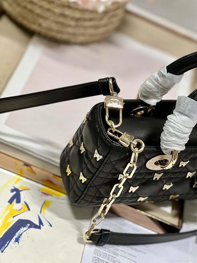 Dior M0613 Small Lady D-joy Bag Black Cannage Lambskin with Gold-Finish Butterfly Studs
