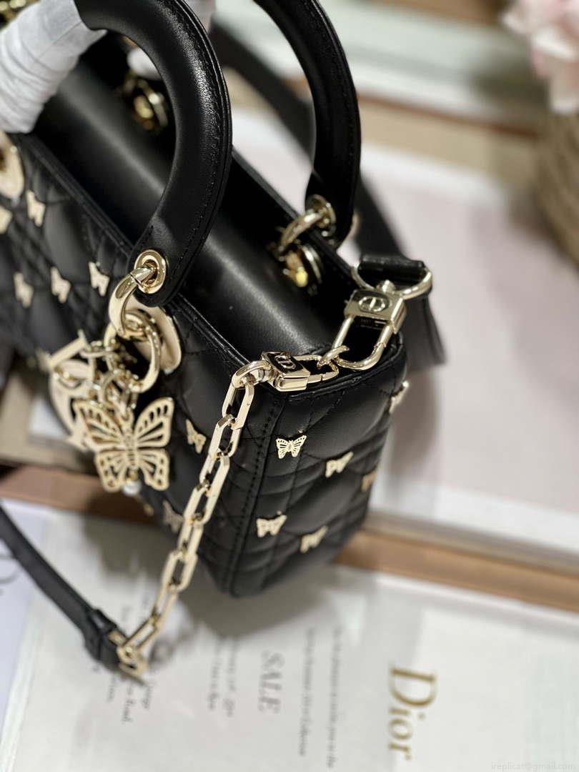 Dior M0613 Small Lady D-joy Bag Black Cannage Lambskin with Gold-Finish Butterfly Studs