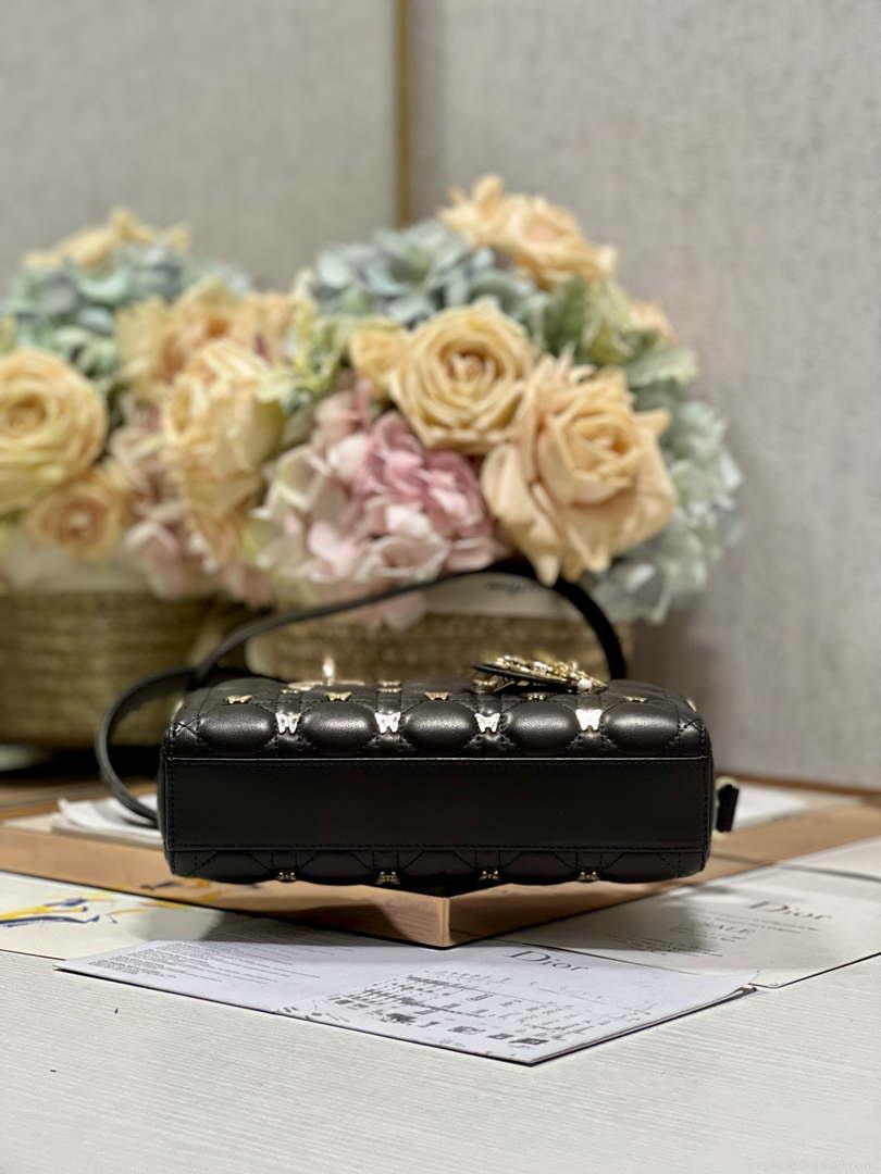 Dior M0613 Small Lady D-joy Bag Black Cannage Lambskin with Gold-Finish Butterfly Studs