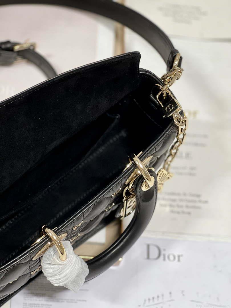 Dior M0613 Small Lady D-joy Bag Black Cannage Lambskin with Gold-Finish Butterfly Studs