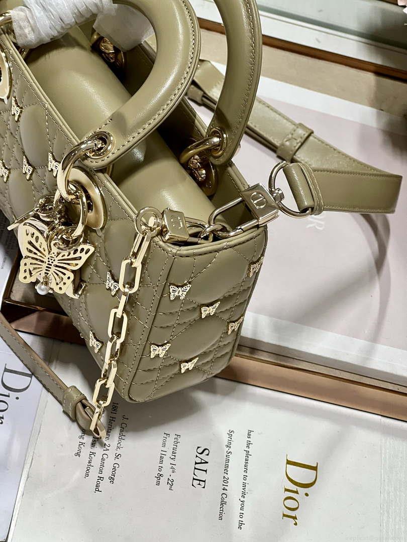 Dior M0613 Small Lady D-joy Bag Green Cannage Lambskin with Gold-Finish Butterfly Studs