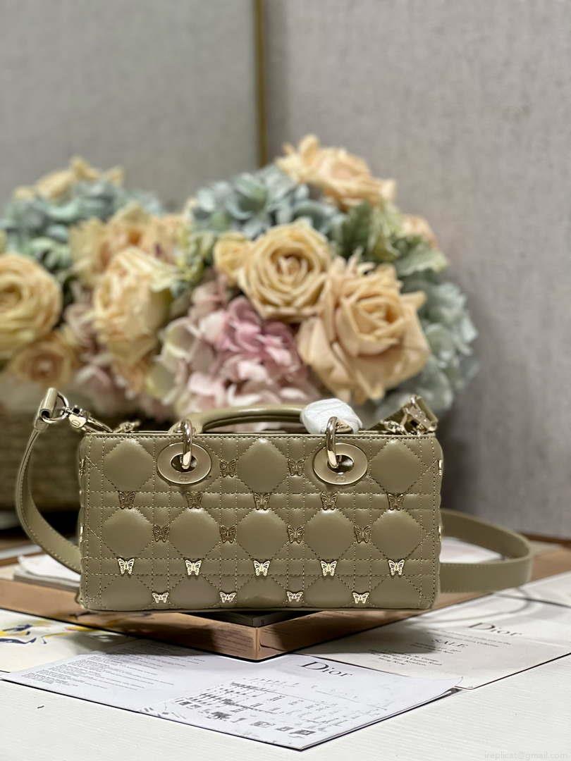 Dior M0613 Small Lady D-joy Bag Green Cannage Lambskin with Gold-Finish Butterfly Studs
