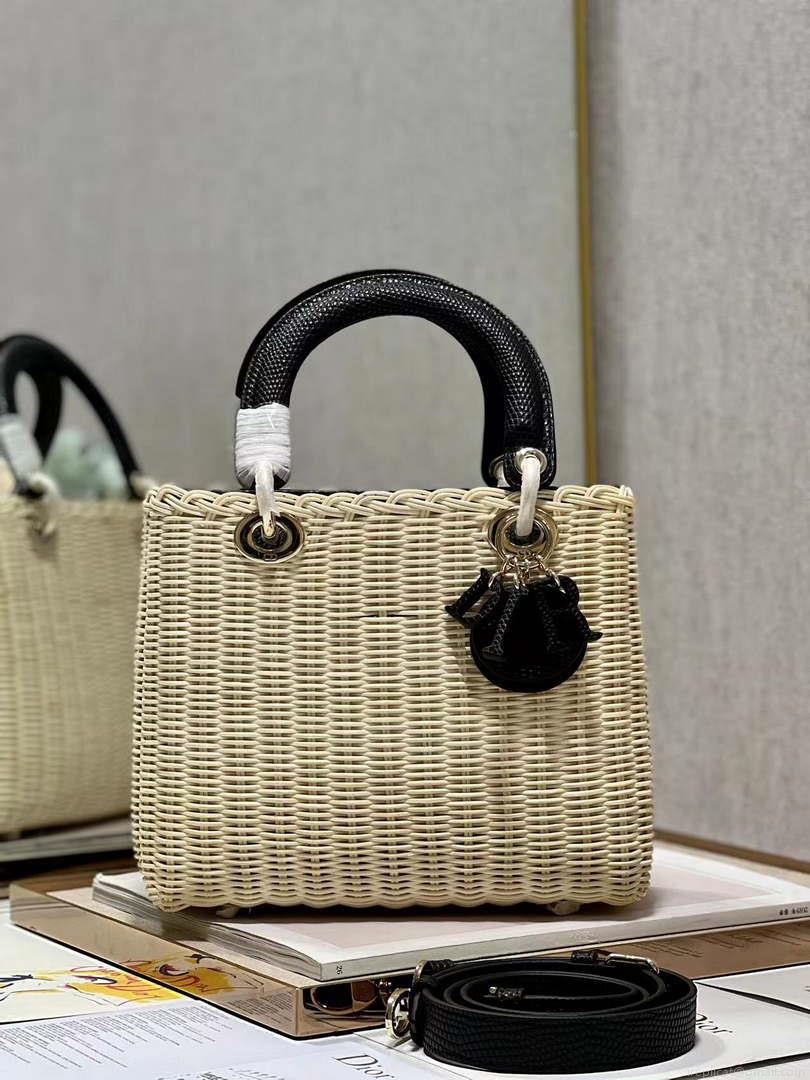 Dior M0565 Medium Lady Dior Bag Natural Wicker With Black Snake