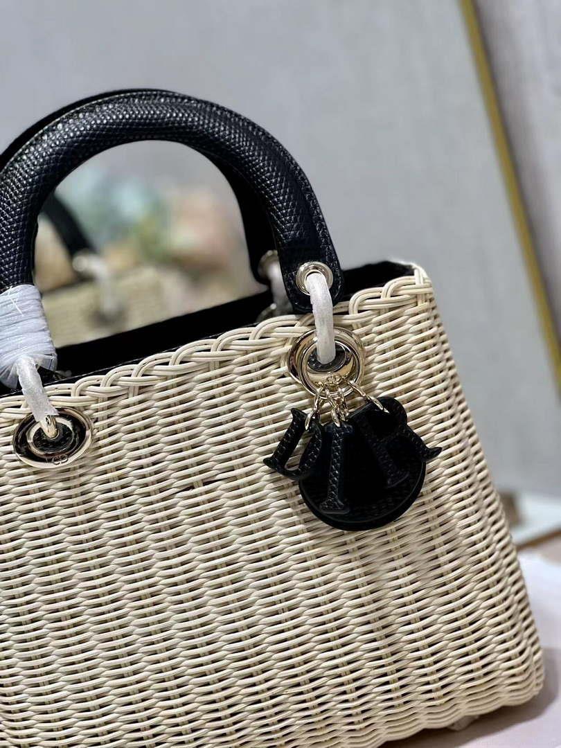 Dior M0565 Medium Lady Dior Bag Natural Wicker With Black Snake