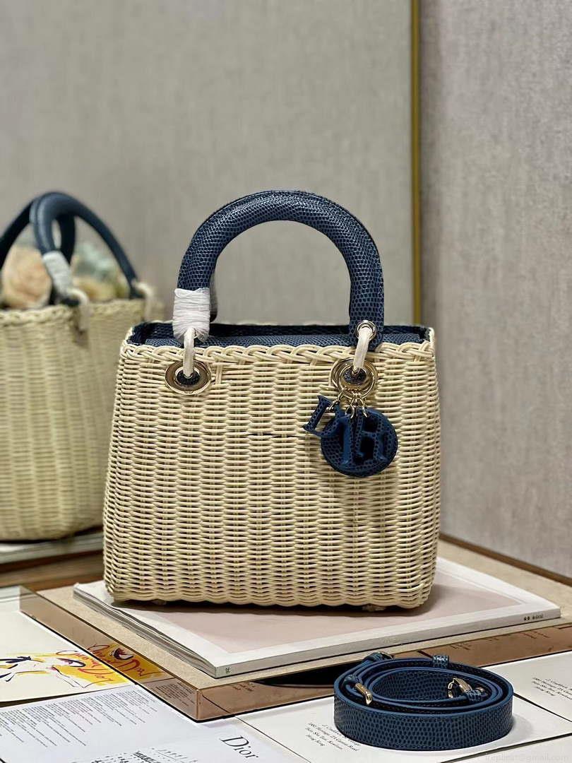Dior M0565 Medium Lady Dior Bag Natural Wicker With Navy Blue Snake
