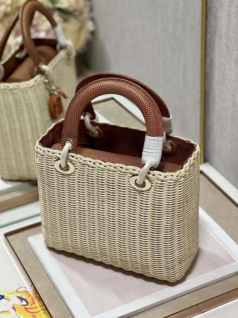 Dior M0565 Medium Lady Dior Bag Natural Wicker With Brown Snake