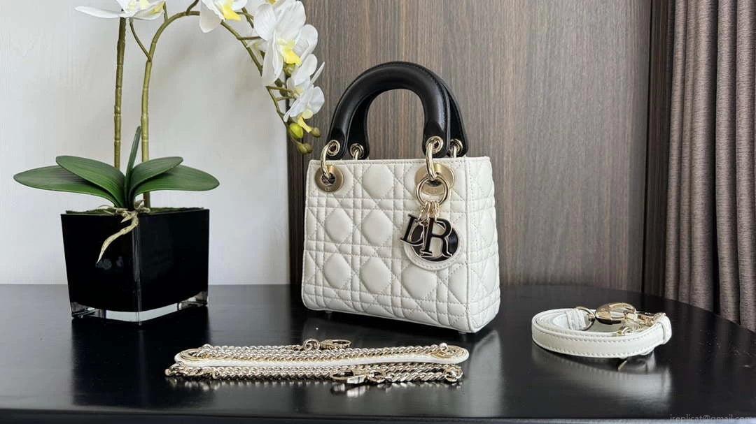 Dior M0505 Mini Lady Dior Bag White Calfskin with black enamel buckle