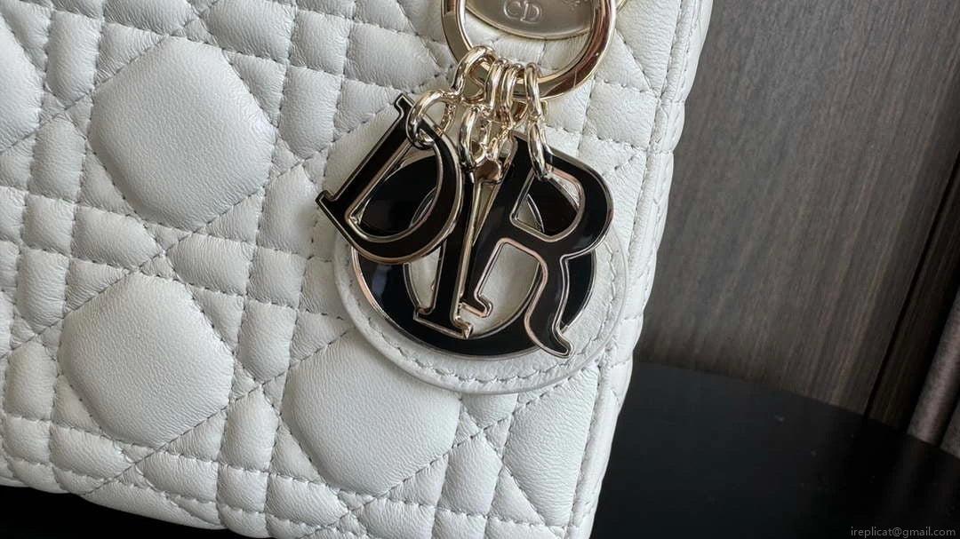 Dior M0505 Mini Lady Dior Bag White Calfskin with black enamel buckle