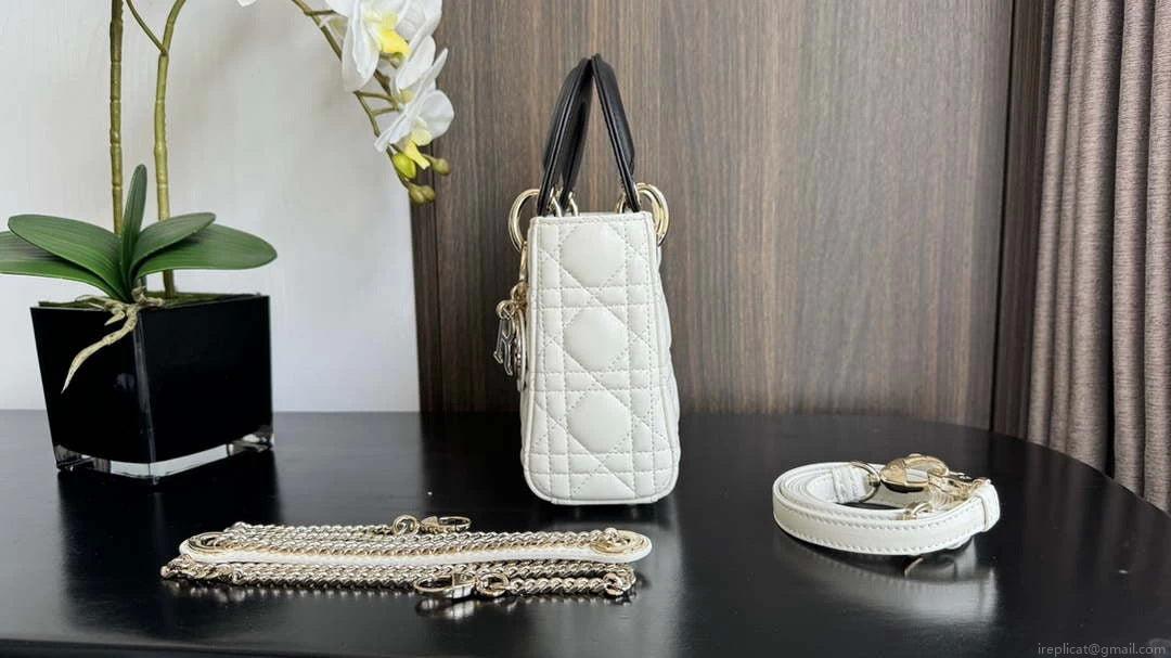 Dior M0505 Mini Lady Dior Bag White Calfskin with black enamel buckle