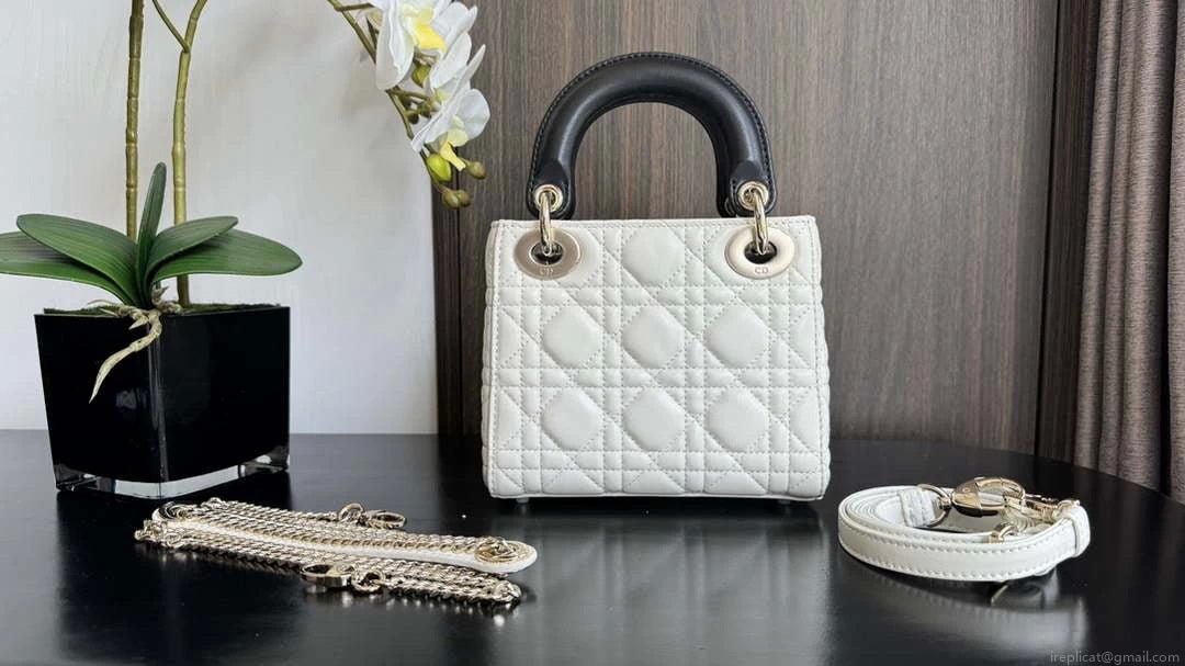 Dior M0505 Mini Lady Dior Bag White Calfskin with black enamel buckle