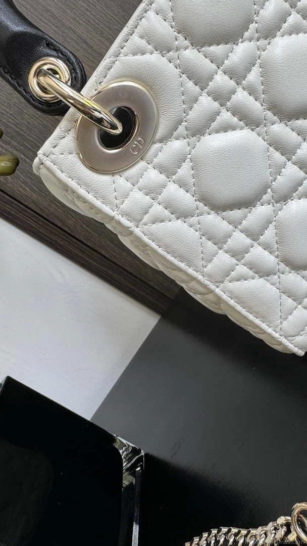 Dior M0505 Mini Lady Dior Bag White Calfskin with black enamel buckle