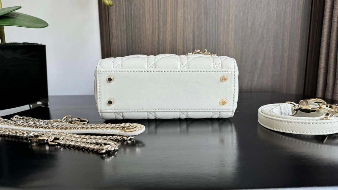 Dior M0505 Mini Lady Dior Bag White Calfskin with black enamel buckle