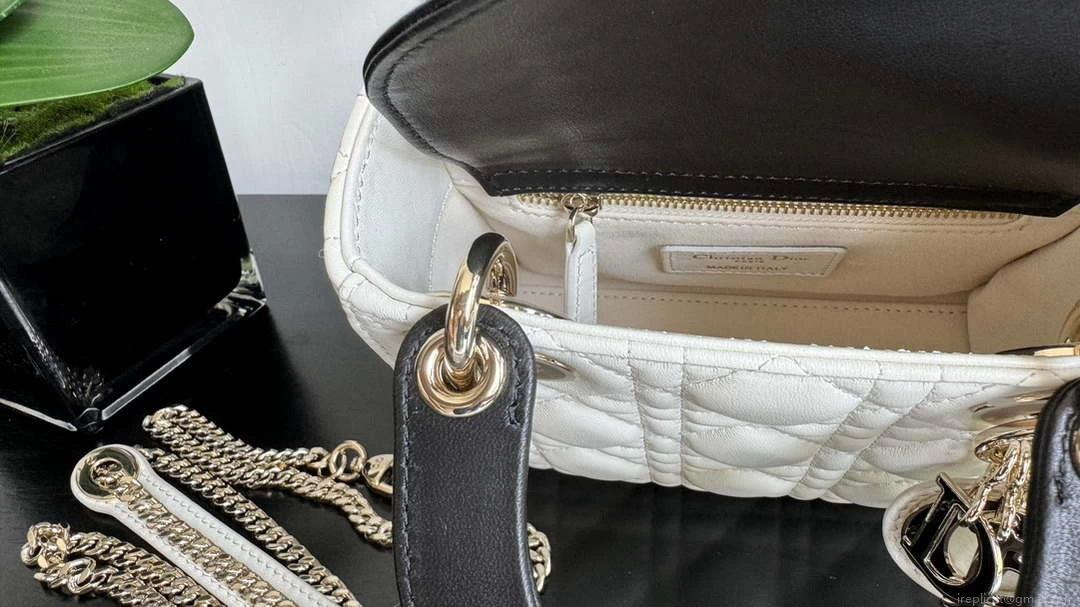 Dior M0505 Mini Lady Dior Bag White Calfskin with black enamel buckle