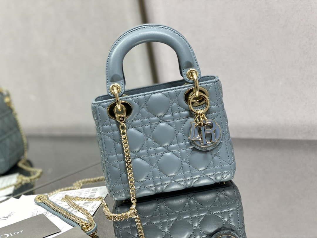Dior M0505 Mini Lady Dior Bag Blue Calfskin with enamel buckle