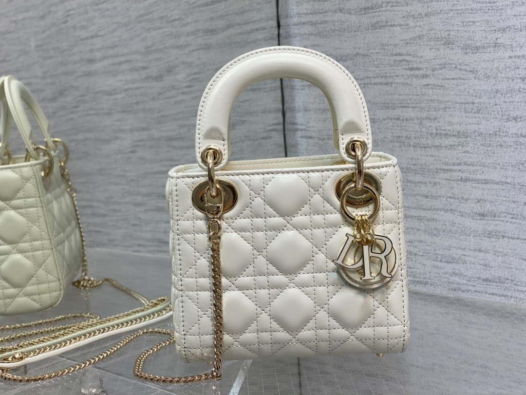 Dior M0505 Mini Lady Dior Bag White Calfskin with enamel buckle