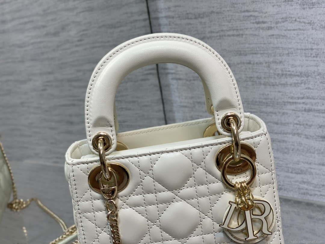 Dior M0505 Mini Lady Dior Bag White Calfskin with enamel buckle