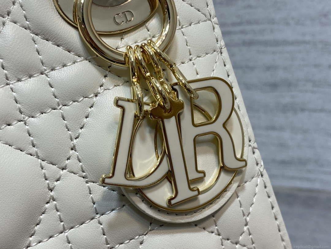 Dior M0505 Mini Lady Dior Bag White Calfskin with enamel buckle