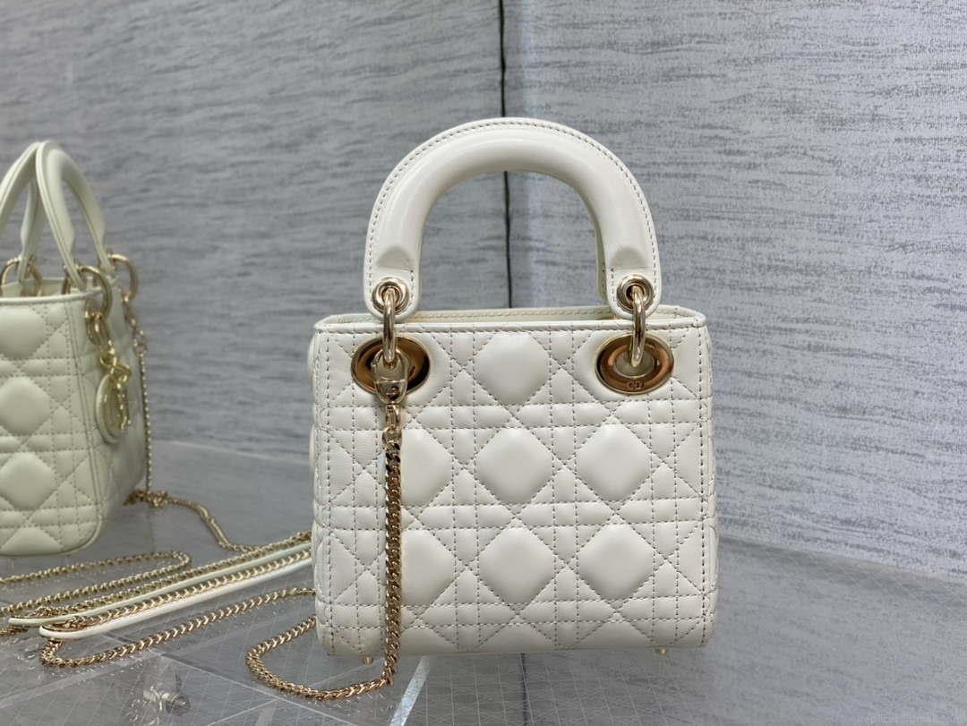 Dior M0505 Mini Lady Dior Bag White Calfskin with enamel buckle