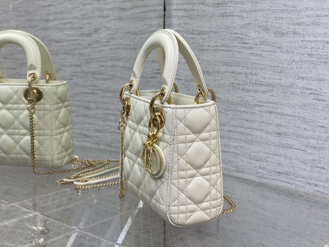 Dior M0505 Mini Lady Dior Bag White Calfskin with enamel buckle