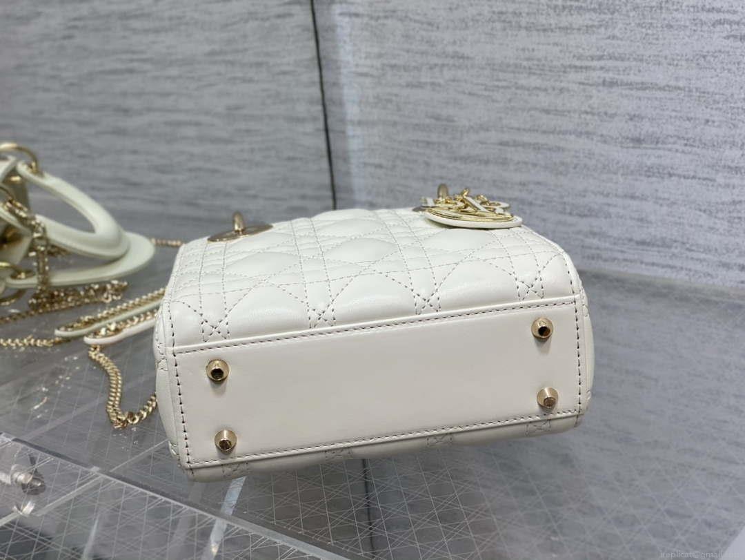 Dior M0505 Mini Lady Dior Bag White Calfskin with enamel buckle