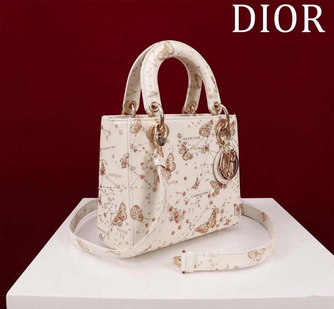 Dior M0531 Small Lady Dior Bag White and Gold-Tone Calfskin with Butterfly Zodiac Print and Embroidery