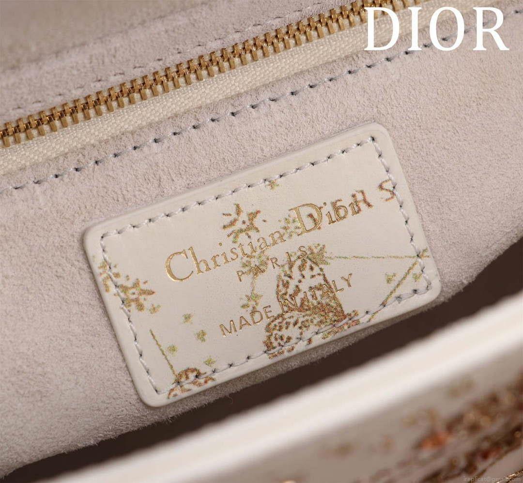 Dior M0531 Small Lady Dior Bag White and Gold-Tone Calfskin with Butterfly Zodiac Print and Embroidery
