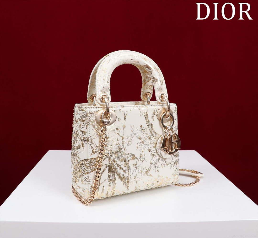 Dior M0505 Mini Lady Dior Bag Beige Embroidered Magpie Gold Beads