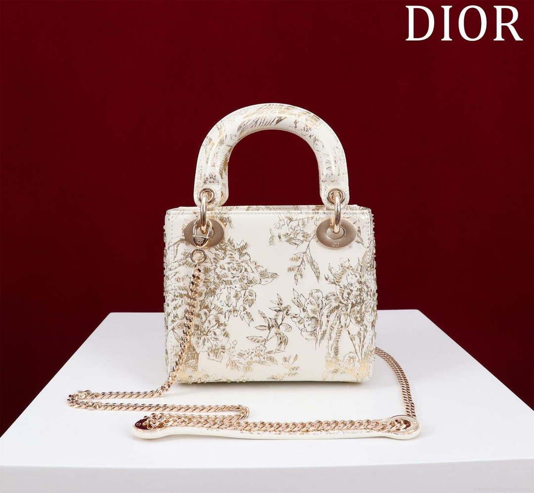 Dior M0505 Mini Lady Dior Bag Beige Embroidered Magpie Gold Beads