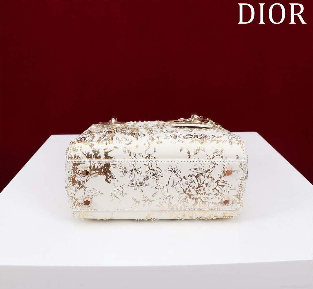 Dior M0505 Mini Lady Dior Bag Beige Embroidered Magpie Gold Beads