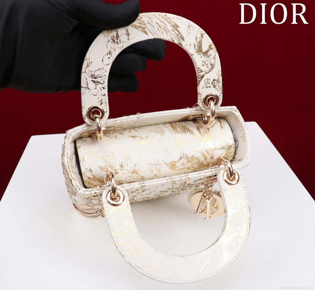 Dior M0505 Mini Lady Dior Bag Beige Embroidered Magpie Gold Beads