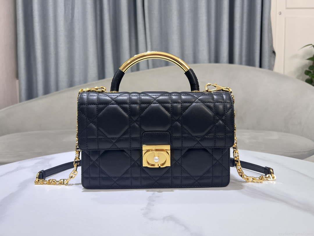 Dior M4402 Medium Dior Ange Bag Black Macrocannage Calfskin