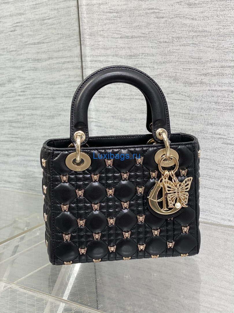 Dior M0531 Small Lady Dior Bag Black Cannage Lambskin with Gold-Finish Butterfly Studs